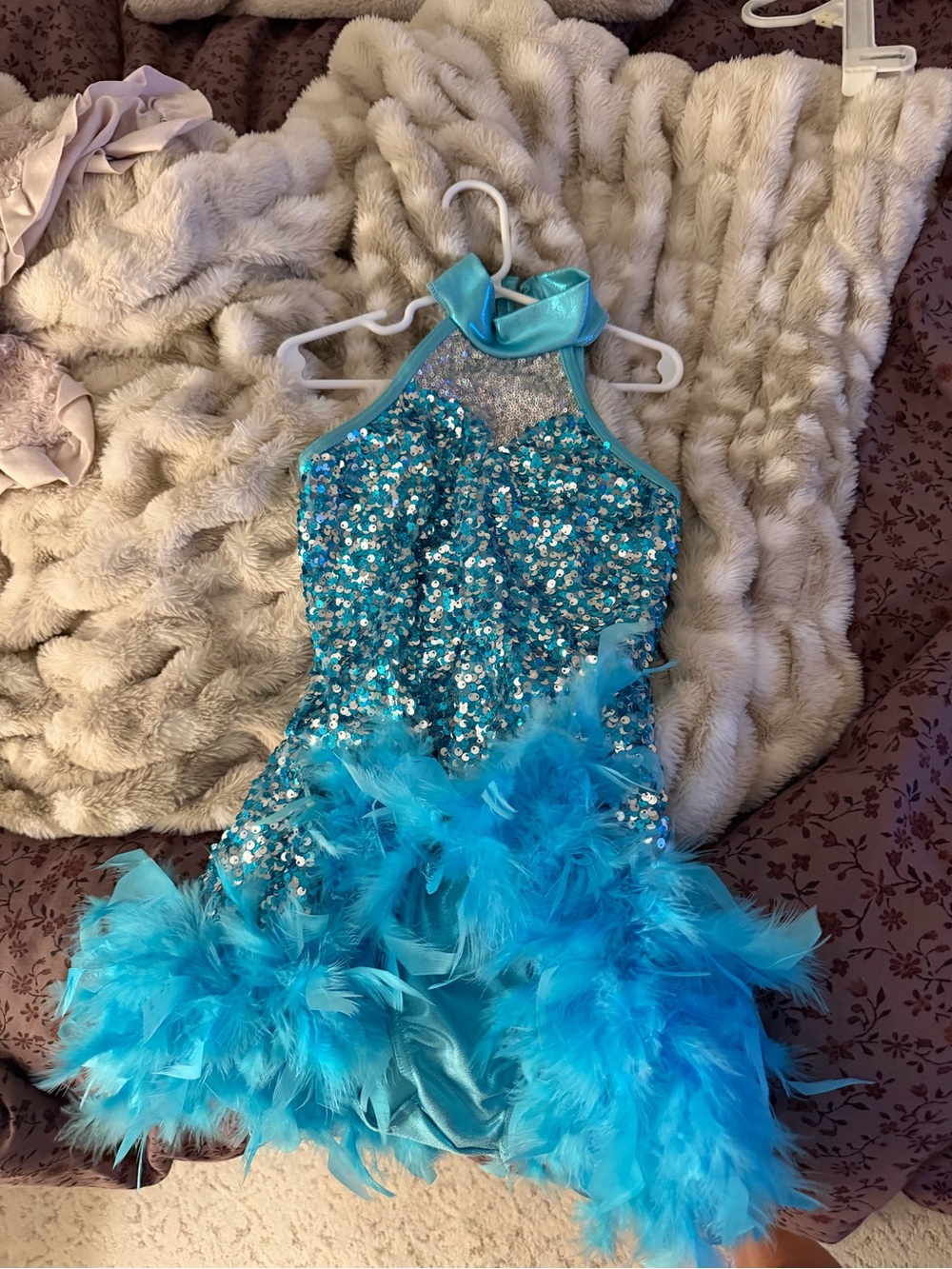 Weissman Turquoise Sequin Halter Dance Costume with Feather Skirt